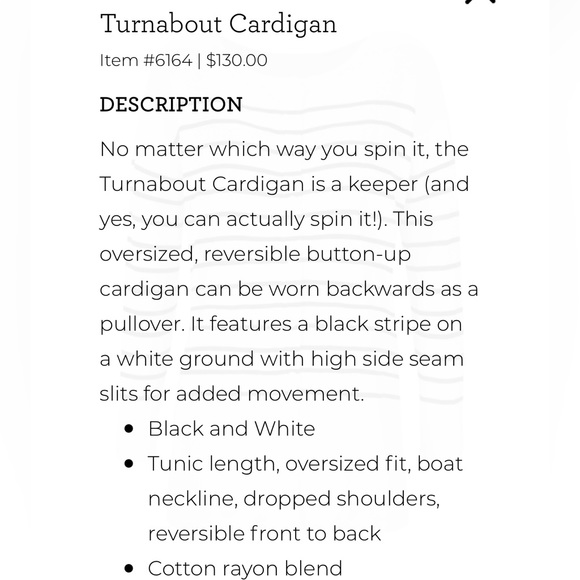 Cabi Turnabout Cardigan White and Black Striped Size XSmall Oversized/Reversible - Picture 13 of 14